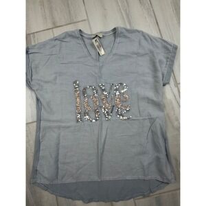 Marisima Italy Gray Cotton Linen Sequin LOVE‎ Top V-Neck Short Sleeve OS NEW